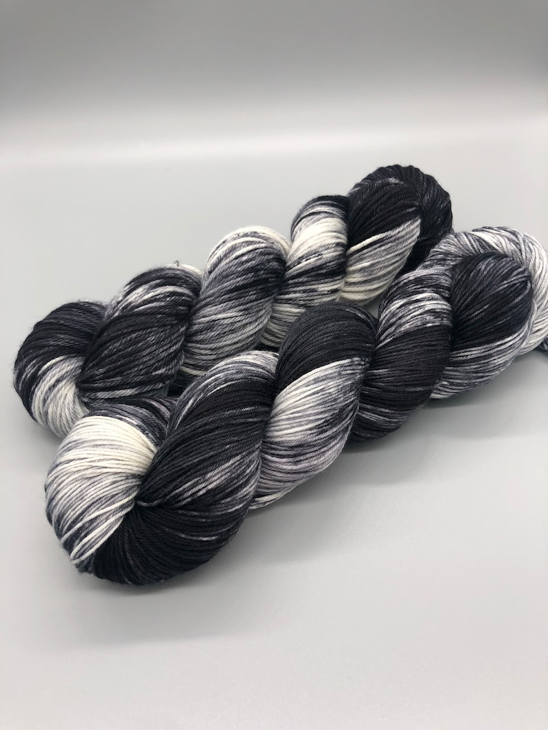 Hand Dyed Yarn, Superwash Merino wool, Black, Gray, White, Fingering Weight, Sport, DK, Worsted Weight, Lightly Speckled Midnight Moon image 1