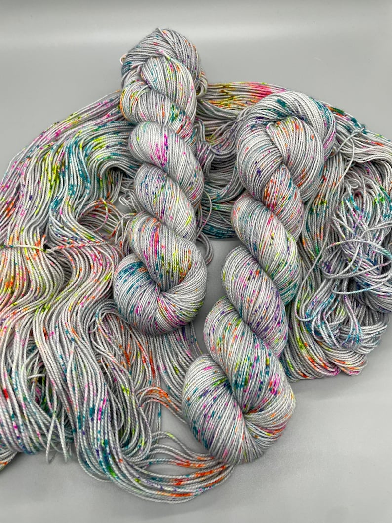 Hand Dyed Yarn, Superwash Merino wool, Gray base, Rainbow Speckles, Fingering Weight, Sport, DK, Worsted Weight Its Time to Party image 3