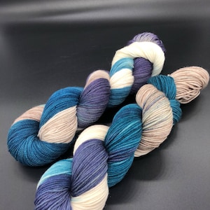Hand Dyed Yarn, Superwash Merino wool, Purple Grey, Blue, Brown, Fingering Weight, Sport, DK, Worsted Weight - Lightening Strikes