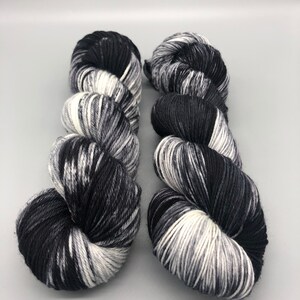 Hand Dyed Yarn, Superwash Merino wool, Black, Gray, White, Fingering Weight, Sport, DK, Worsted Weight, Lightly Speckled Midnight Moon image 5