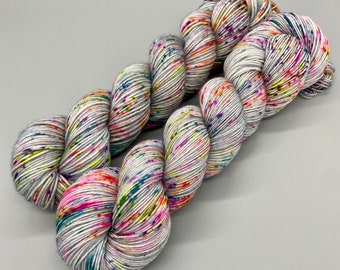 Hand Dyed Yarn, Superwash Merino wool, Gray base, Rainbow Speckles, Fingering Weight, Sport, DK, Worsted Weight - It’s Time to Party!!!