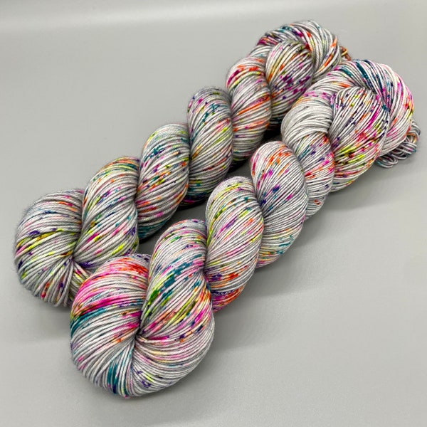 Hand Dyed Yarn, Superwash Merino wool, Gray base, Rainbow Speckles, Fingering Weight, Sport, DK, Worsted Weight - It’s Time to Party!!!