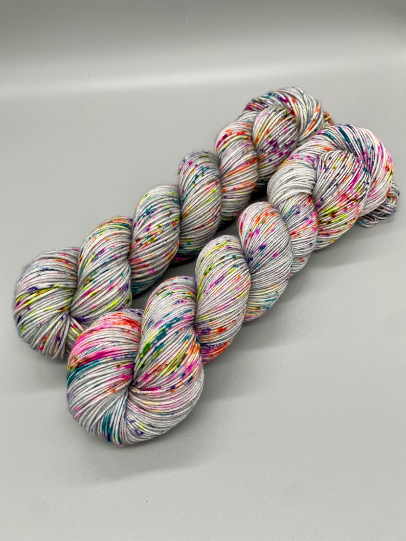 Hand Dyed Yarn, Superwash Merino wool, Gray base, Rainbow Speckles, Fingering Weight, Sport, DK, Worsted Weight Its Time to Party image 1