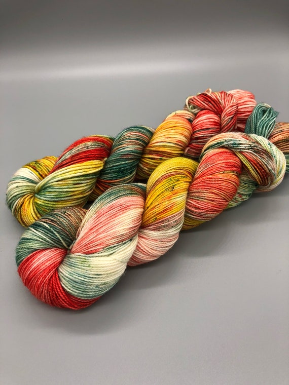 Hand Dyed Yarn, Superwash Merino wool, Green, Yellow, Orange, Fingering Weight, Sport, DK, Worsted Weight - Pineapple Express