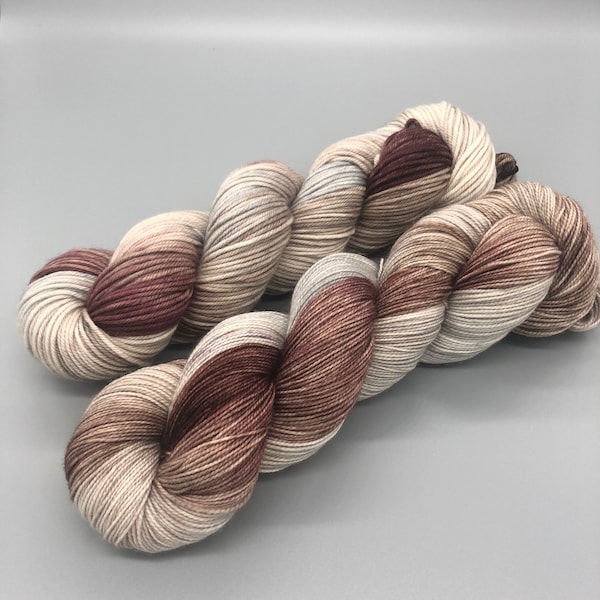 Hand Dyed Yarn, Superwash Merino wool, Brown, Tan, Light Grey Variegated Yarn, Fingering Weight, Sport, DK, Worsted  - Rustic Atmosphere