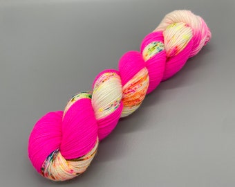 Hand Dyed Yarn, Superwash 75% Merino Wool, 25 Nylon Fingering Weight, Pink, Fluorescent Speckles - 463yds per skein - Groovy’s Sister