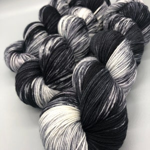 Hand Dyed Yarn, Superwash Merino wool, Black, Gray, White, Fingering Weight, Sport, DK, Worsted Weight, Lightly Speckled Midnight Moon image 7