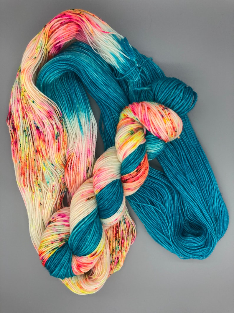 Hand Dyed Yarn, Superwash Merino wool, Turquoise, Fluorescent Speckled Yarn, Fingering Weight, DK, Sport, Worsted Weight Groovy image 10