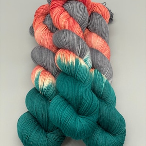 Hand Dyed Yarn, Superwash Merino wool, Teal, Peach, Grey, Fingering Weight, Sport, DK, Worsted Weight Shark Island image 2