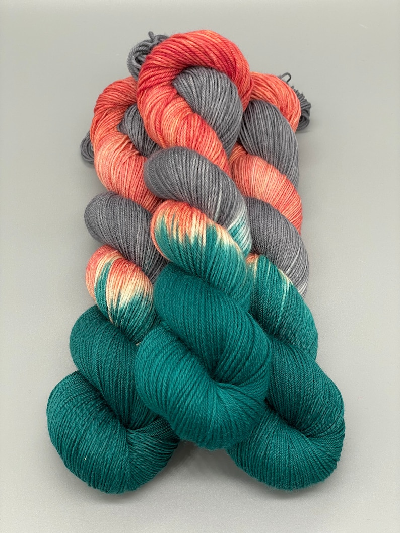 Hand Dyed Yarn, Superwash Merino wool, Teal, Peach, Grey, Fingering Weight, Sport, DK, Worsted Weight Shark Island image 2