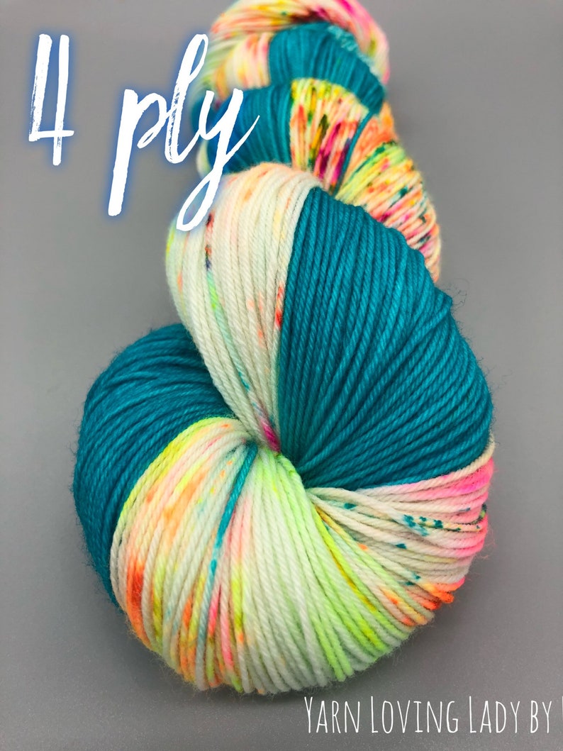 Hand Dyed Yarn, Superwash Merino wool, Turquoise, Fluorescent Speckled Yarn, Fingering Weight, DK, Sport, Worsted Weight Groovy image 9