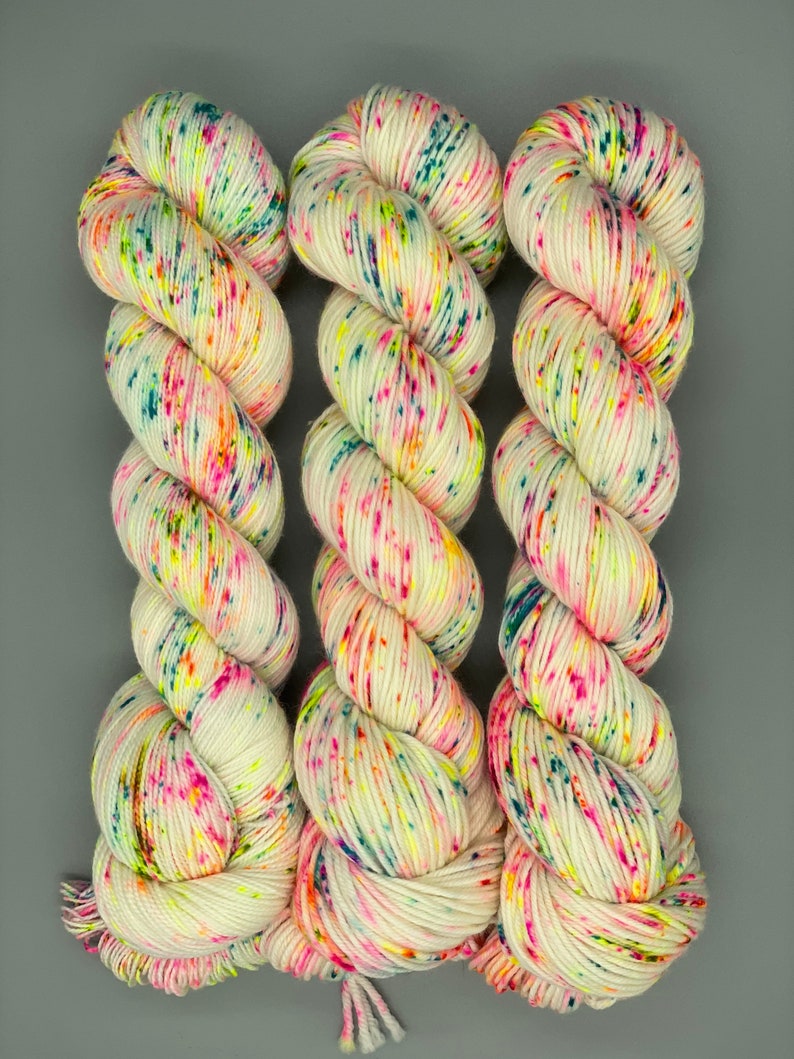 Hand Dyed Yarn, Superwash Merino wool, Fluorescent Speckled Yarn, Fingering Weight, Sport, DK, Worsted Weight Neon Lights image 5