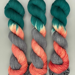 Hand Dyed Yarn, Superwash Merino wool, Teal, Peach, Grey, Fingering Weight, Sport, DK, Worsted Weight Shark Island image 3