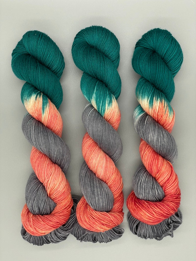 Hand Dyed Yarn, Superwash Merino wool, Teal, Peach, Grey, Fingering Weight, Sport, DK, Worsted Weight Shark Island image 3