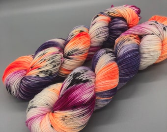 Hand Dyed Yarn, Superwash Merino wool, Pink, Purple, Orange, Black, Fingering Weight, Sport, DK, Worsted Weight - Graffiti