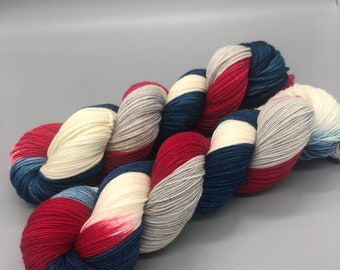 Hand Dyed Yarn, Superwash Merino wool, Red, White, Blue, Grey, Fingering Weight, Sport, DK, Worsted Weight - Pats