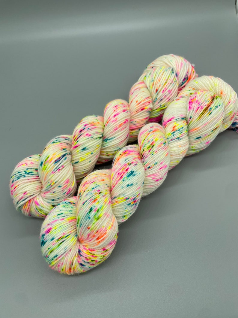 Hand Dyed Yarn, Superwash Merino wool, Fluorescent Speckled Yarn, Fingering Weight, Sport, DK, Worsted Weight Neon Lights image 1