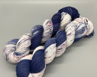 Hand Dyed Yarn, Superwash Merino wool, Blue, White, Plum, Speckled Yarn, Fingering Weight, DK, Sport, Worsted Weight - Blueberry Blast