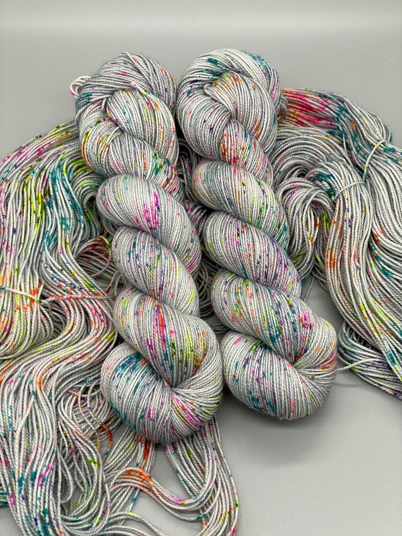 Hand Dyed Yarn, Superwash Merino wool, Gray base, Rainbow Speckles, Fingering Weight, Sport, DK, Worsted Weight Its Time to Party image 5