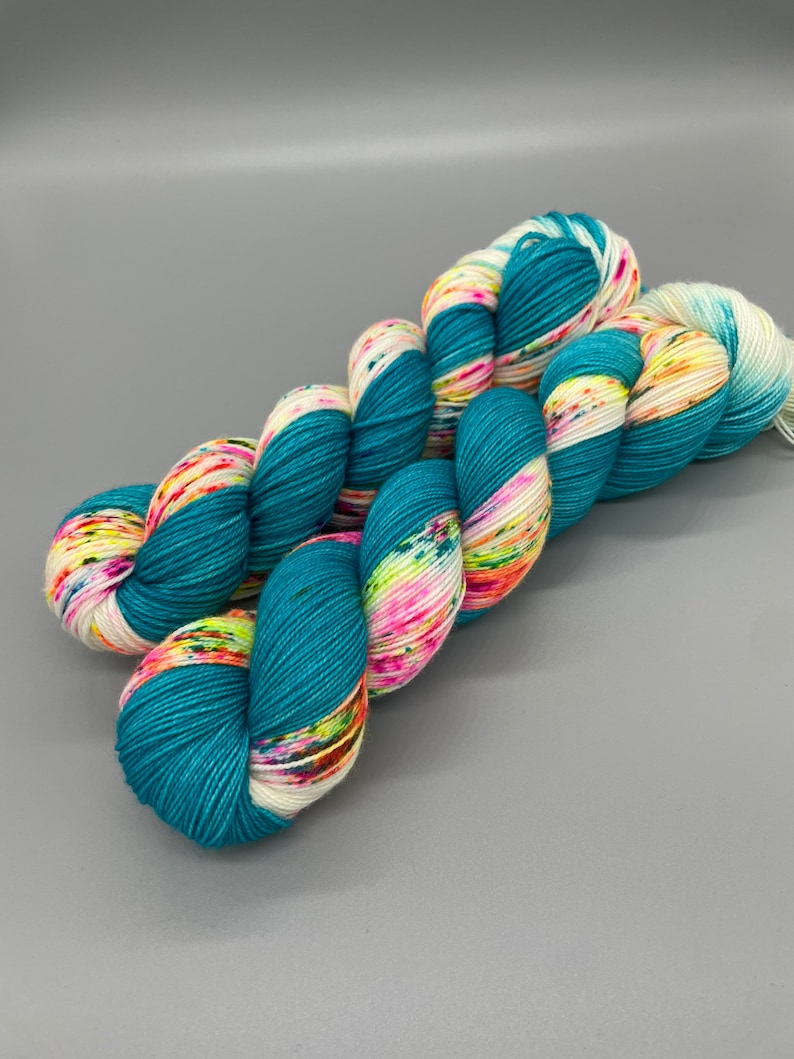 Hand Dyed Yarn, Superwash Merino wool, Turquoise, Fluorescent Speckled Yarn, Fingering Weight, DK, Sport, Worsted Weight Groovy image 1