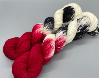 Hand Dyed Yarn, Superwash Merino wool, Red, Black, White, Fingering Weight, Sport, DK, Worsted Weight - Red Crested Cardinal