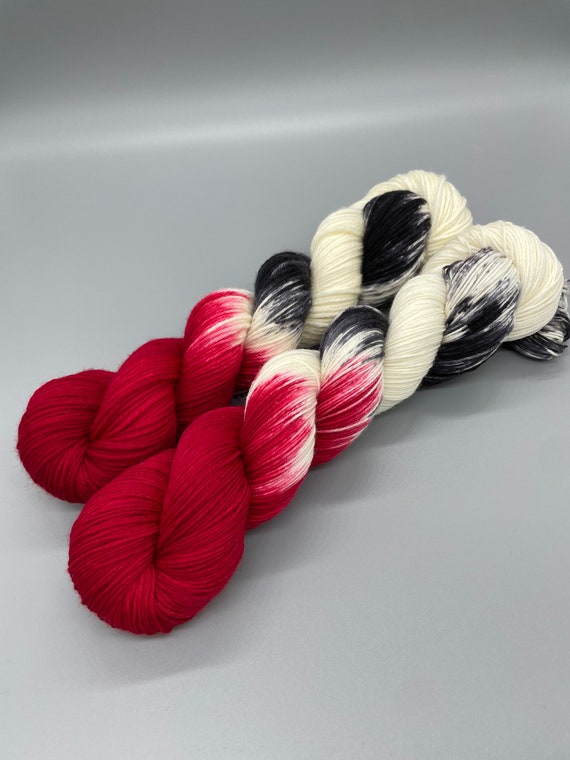 Hand Dyed Yarn, Superwash Merino Wool, Red, Black, White