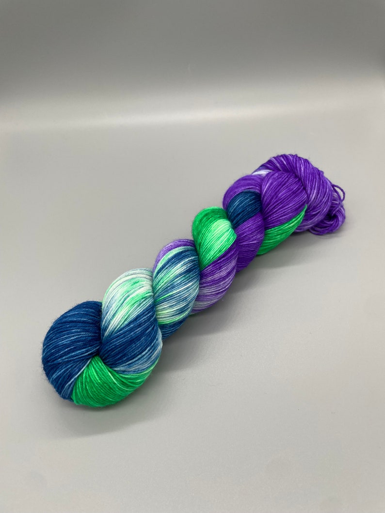 Hand Dyed Yarn, 75% Superwash Merino Wool, 25 Nylon Fingering, Purple, Blue, Green 463yds per skein Northern Lights image 1