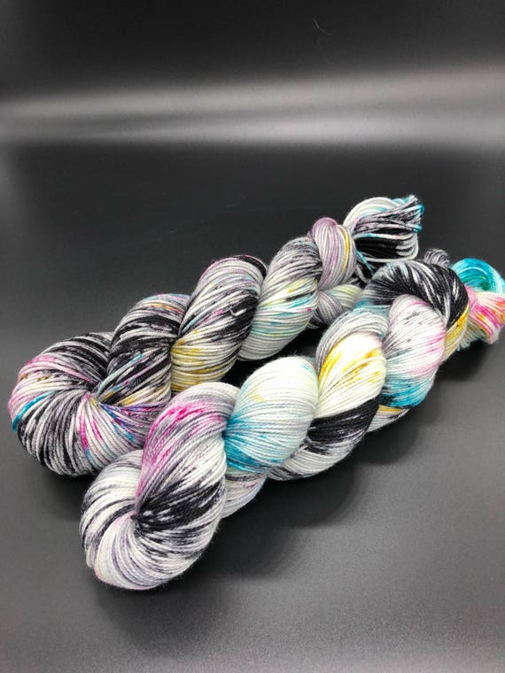 Hand Dyed Yarn, Superwash Merino wool, Black, Pink, Yellow, Blue, Speckled, Fingering Weight, Sport, DK, Worsted Weight - Funky Zebra