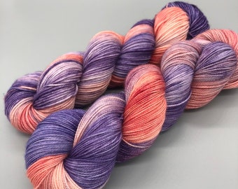 Hand Dyed Yarn, Superwash Merino wool, Purple, Peach, White, Variegated Yarn, Fingering Weight, Sport, DK, Worsted - Summer Love