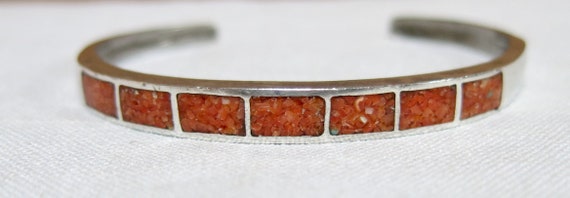 Vintage Sterling Silver Red Coral Inlay Cuff Brac… - image 2