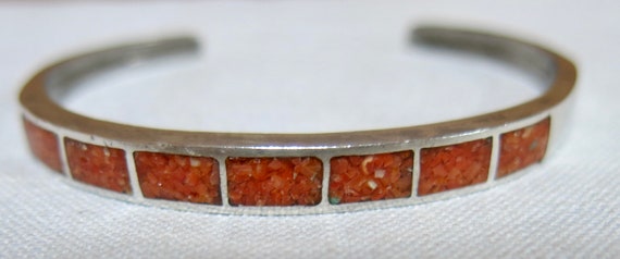 Vintage Sterling Silver Red Coral Inlay Cuff Brac… - image 3