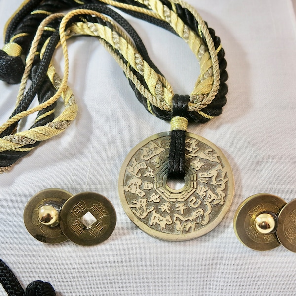 Vintage Chinese Brass Zodiac Pendant with Brass Double Coin Clip On Earrings