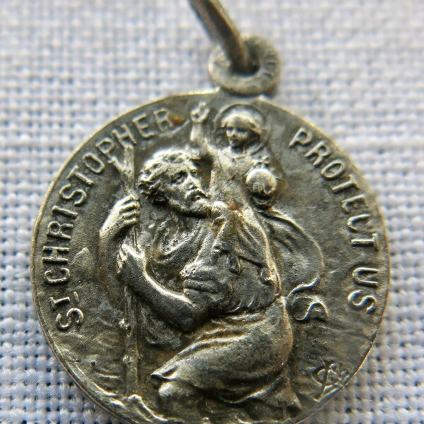 Antique French St. Christopher Medal Pendant Antique Car on Obverse Travel Protection