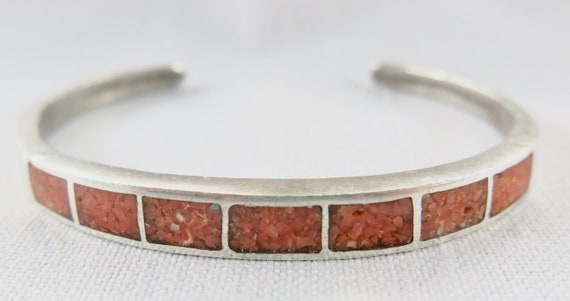 Vintage Sterling Silver Red Coral Inlay Cuff Brac… - image 1