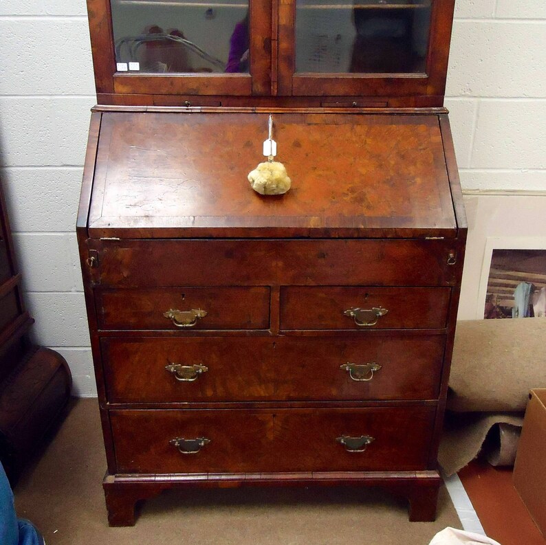ANTIQUE Colonial Secretary DESK Burled Wood & HUTCH With Glass Doors