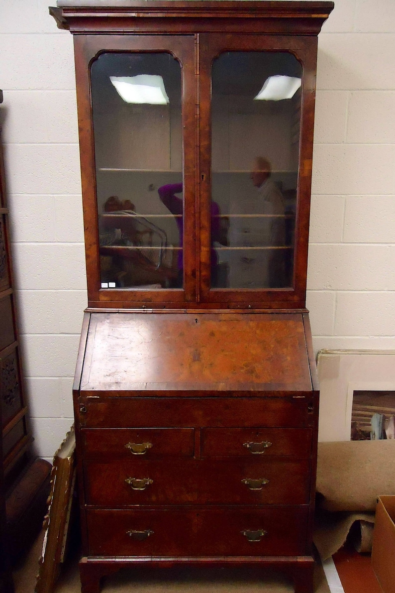 Antique Colonial Secretary Desk Burled Wood Hutch With Glass Etsy
