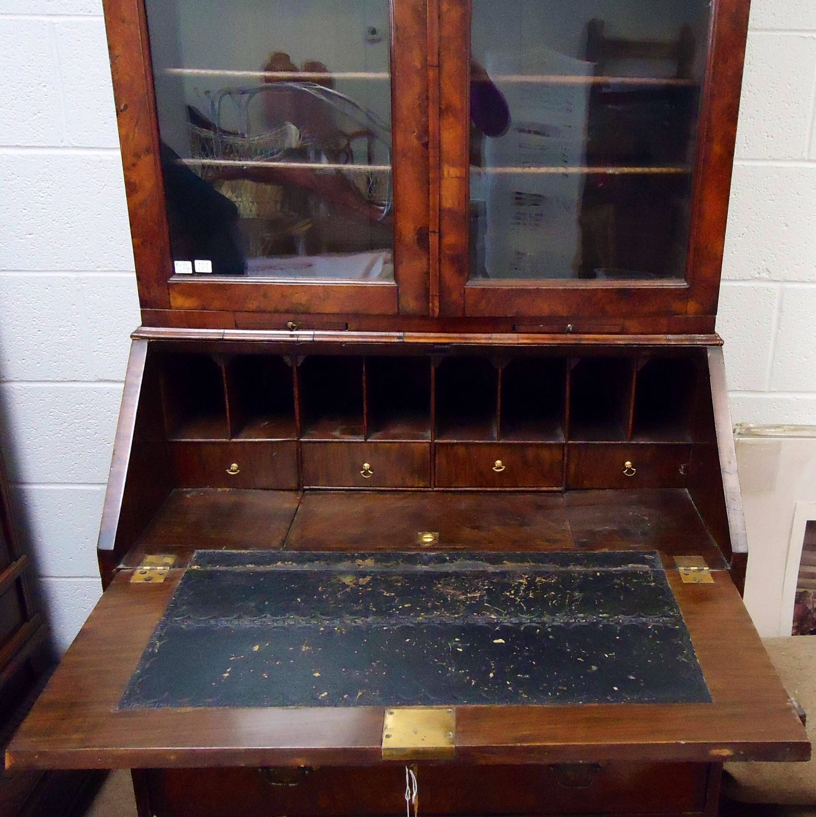ANTIQUE Colonial Secretary DESK Burled Wood & HUTCH With Glass Doors