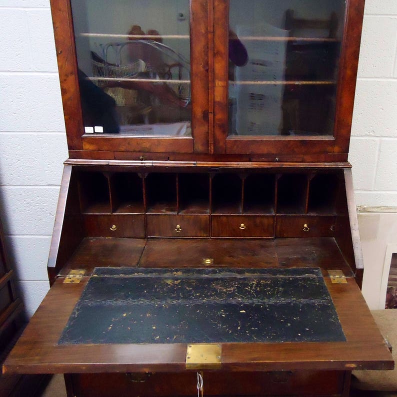 ANTIQUE Colonial Secretary DESK Burled Wood & HUTCH with Glass | Etsy