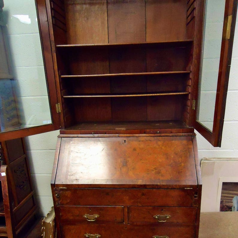 ANTIQUE Colonial Secretary DESK Burled Wood & HUTCH With Glass Doors