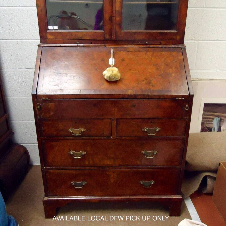ANTIQUE Colonial Secretary DESK Burled Wood & HUTCH with Glass | Etsy