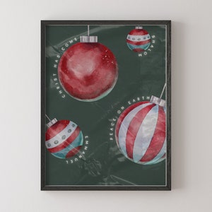 May include: A green background with four red and white striped Christmas ornaments. The ornaments have the words "Christ Has Come", "Peace On Earth", "Immanuel", and "Shalom" written on them.