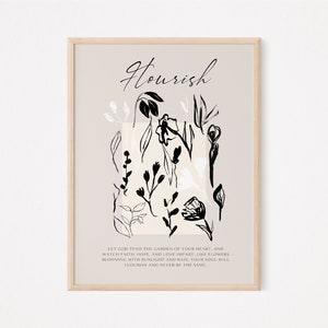 May include: Black and white floral illustration with the text "Hourish" and a quote about letting God tend the garden of your heart. The background is a light beige colour.
