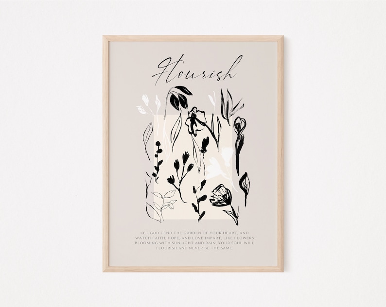 May include: Black and white floral illustration with the text "Hourish" and a quote about letting God tend the garden of your heart. The background is a light beige colour.