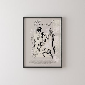 May include: Black and white printable art print with a floral design and the text "Nourish". The text reads "Let God tend the garden of your heart, and watch faith hope, and love impart, like flowers blooming with sunlight and rain, your soul will flourish and never be the same."