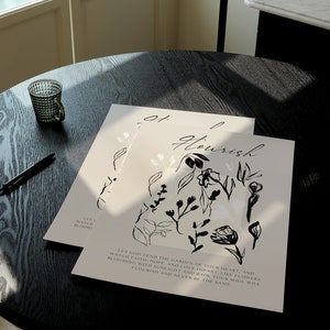 May include: A beige printable art print with black ink illustrations of flowers and leaves. The text reads "Let God tend the garden of your heart, and watch faith, hope, and love impart, like flowers blooming with sunlight and rain, your soul will flourish and never be the same."