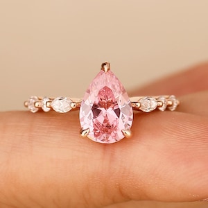 Delicate 2CT Pear Cut Pink Sapphire Ring/ Pink Gem Engagement Wedding Ring/ Birthstone Ring/ Prong Set Ring Rose Gold Ring/ Valentine&#39;s Gift