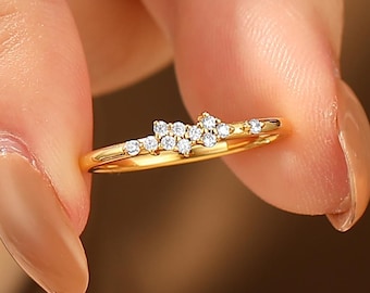 Unique diamond cluster wedding ring, solid 14k gold bridal promise diamond ring, Stackable gold ring, gift for Fiancée anniversary