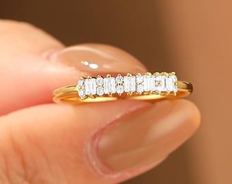 Baguette Cut diamond cluster wedding ring, Lab grown diamond stacking ring solid 14k yellow gold band, anniversary bridal gift for women