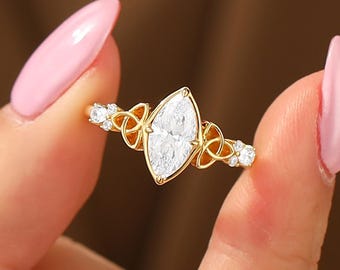 1.0CT Marquise Lab Grown Diamond Engagement Ring, Solid 14K 18K Yellow Gold Vintage Celtic Knot Women Ring, Diamond Bridal Promise Ring