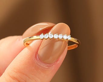 Minimalist Lab Grown Diamond Wedding Band, 18K Yellow Gold Prong Set Ring, Moissanite Bridal Ring, Dainty Stackable Matching Band
